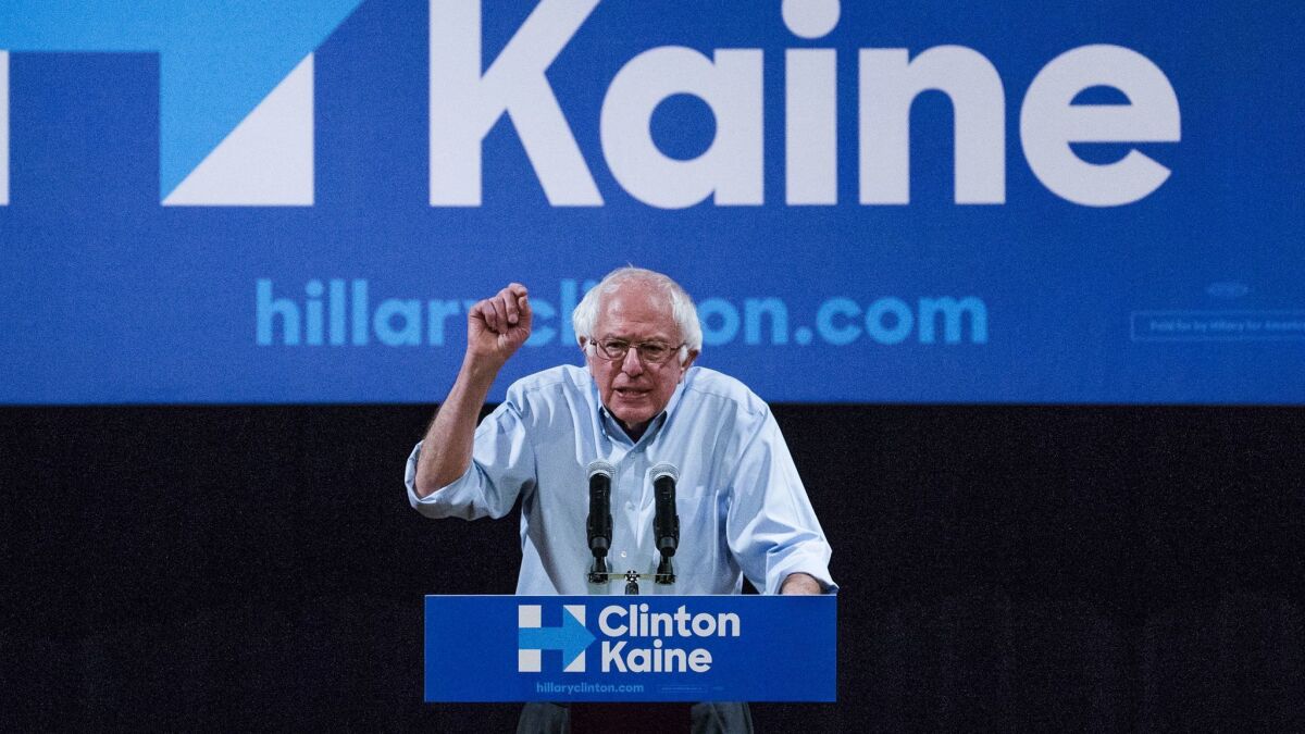 Jewish American Democratic Senator Bernie Sanders addresses a Clinton-Kaine rally inside the Prochnow Auditorium at Northern Arizona University on Oct. 18.