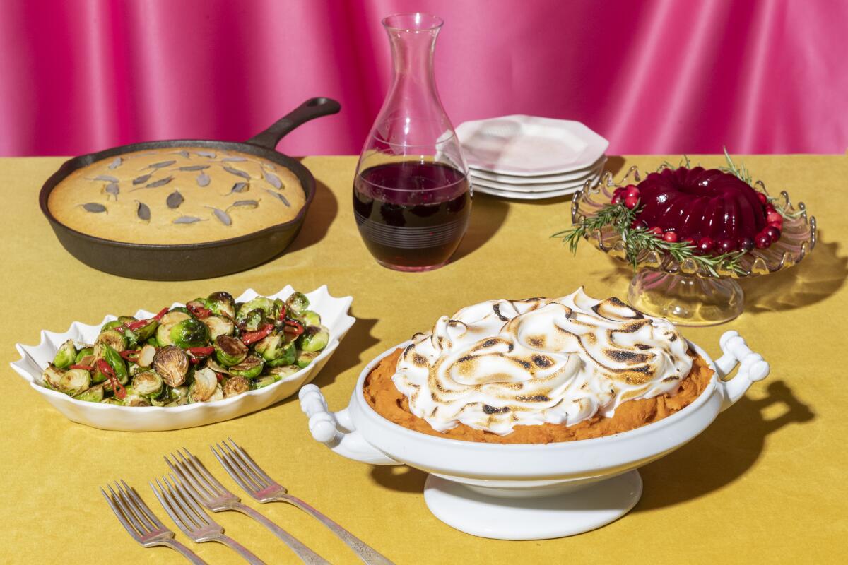 Thanksgiving vegan recipes, clockwise from left: Maple pan-seared Brussels sprouts with chiles; cast iron cornbread; citrus cranberry jelly; and sweet potatoes with meringue top .