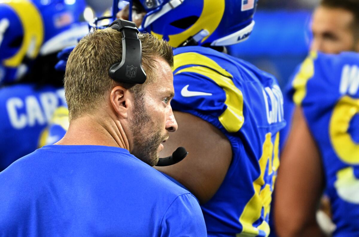 Rams coach Sean McVay eyes a referee during a preseason game against the Texans at SoFi Stadium.