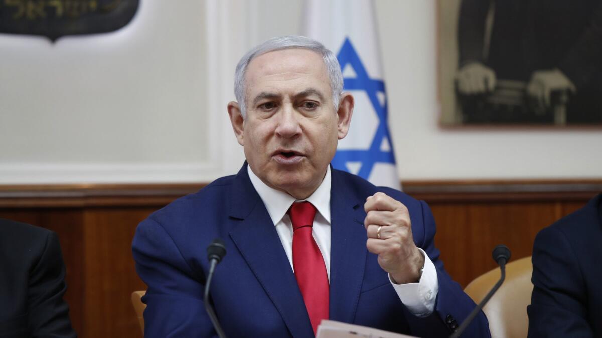Israeli Prime Minister Benjamin Netanyahu chairs his weekly Cabinet meeting in Jerusalem on April 14.