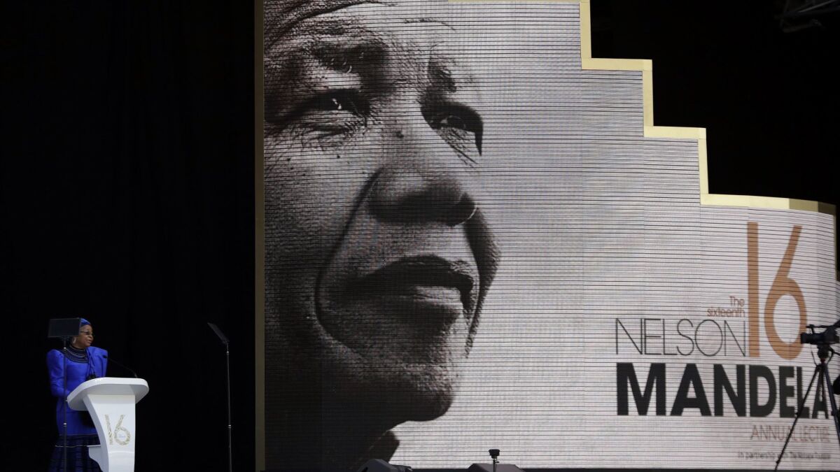 Graca Machel, widow of Nelson Mandela, speaks at the Wanderers Stadium in Johannesburg, South Africa, on July 17, 2018.