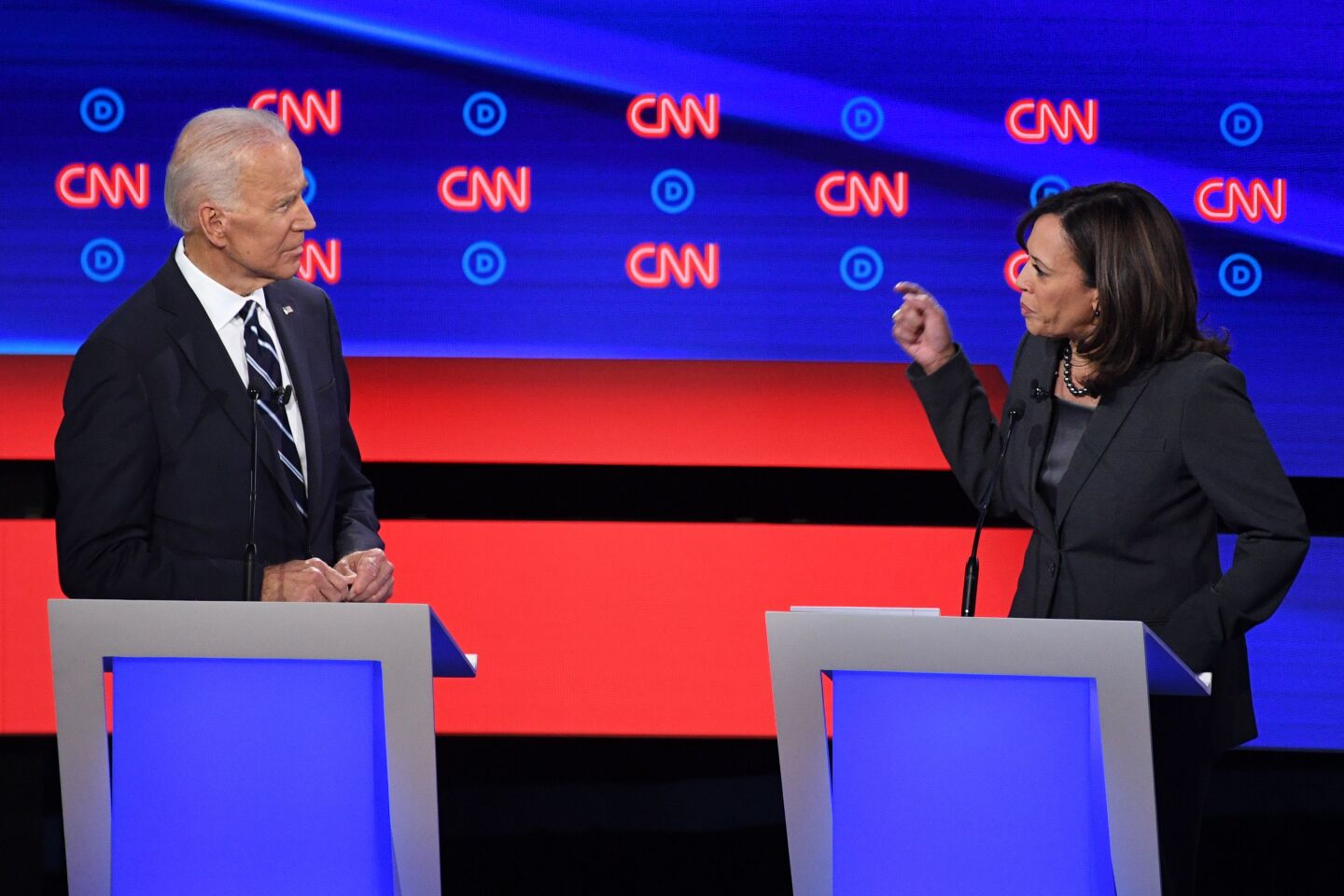 Democratic presidential hopeful Former Vice President Joe Biden (L) listens as US Senator from California Kamala Harris speaks during the second round of the second Democratic primary debate of the 2020 presidential campaign season hosted by CNN at the Fox Theatre in Detroit, Michigan on July 31, 2019. (Photo by Jim WATSON / AFP)JIM WATSON/AFP/Getty Images ** OUTS - ELSENT, FPG, CM - OUTS * NM, PH, VA if sourced by CT, LA or MoD **