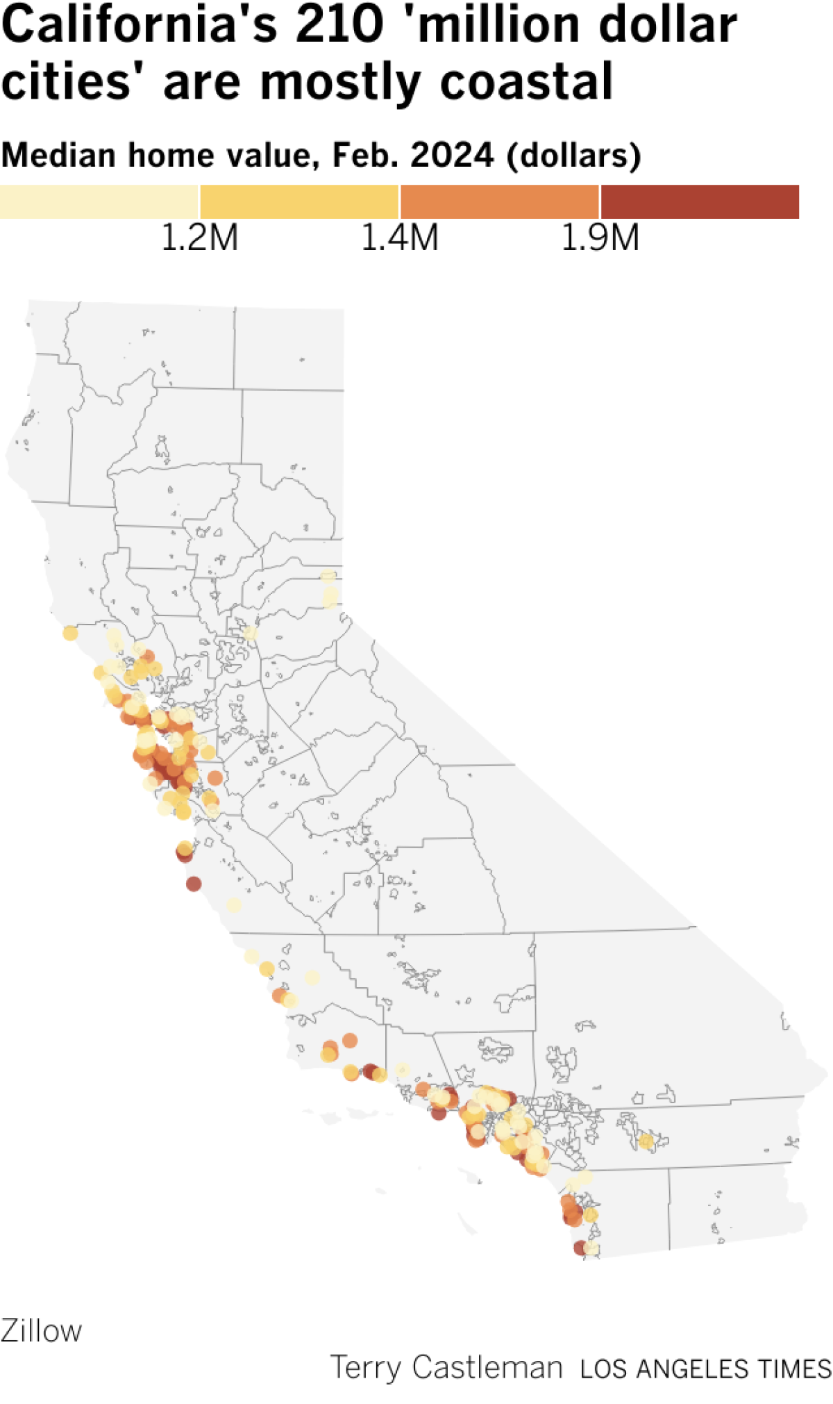 Map showing the 210 California cities where median home values exceed $1 million.