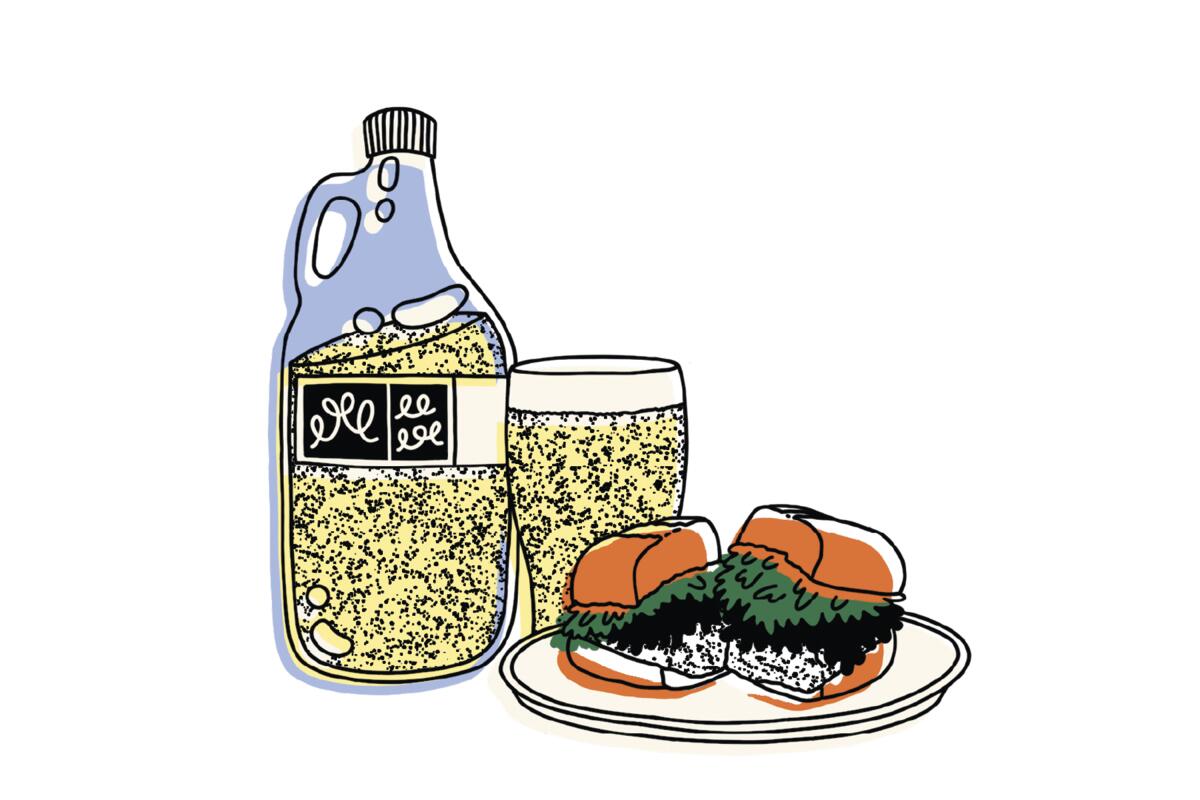 Illustration of a growler of beer and a Father's Office burger.