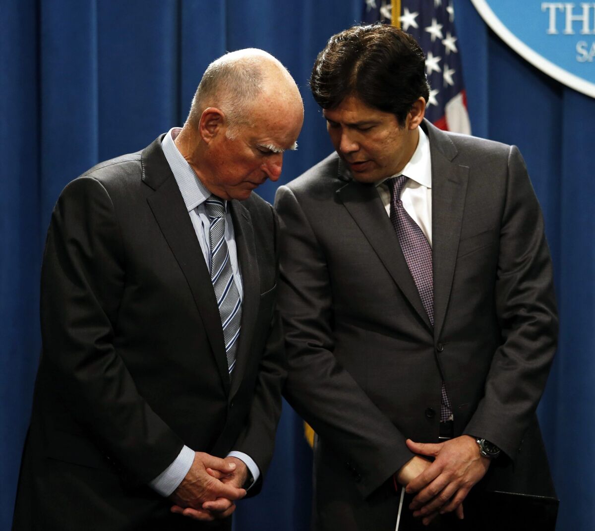 Senate leader Kevin de Leon (D-Los Angeles), right, and the rest of his caucus have urged Gov. Jerry Brown to take faster action to battle California's drought.