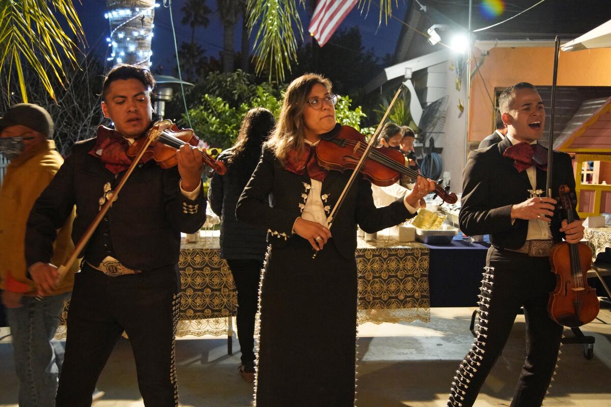 Mariachi Divinas preform at an outdoor birthday celebration on Friday, March 5, 2021 in Escondido, California.