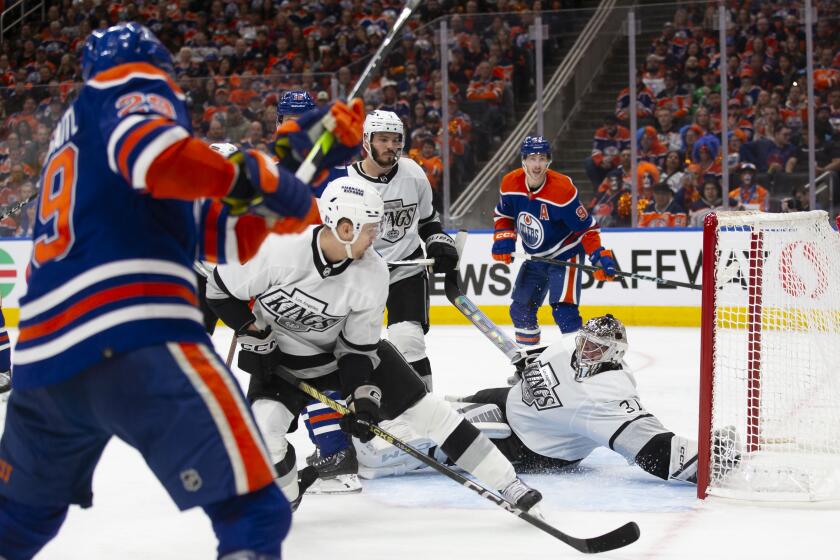 The Edmonton Oilers' Leon Draisaitl scores in front of Kings goaltender David Rittich during Game 5 of their series 