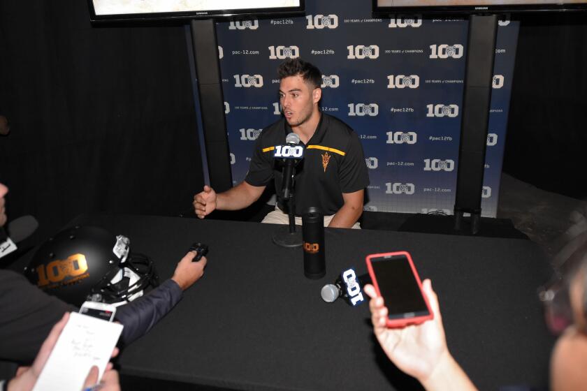 Arizona State quarterback Mike Bercovici speaks to reporters Thursday as part of Pac-12 football media days at Warner Bros. Studios in Burbank.