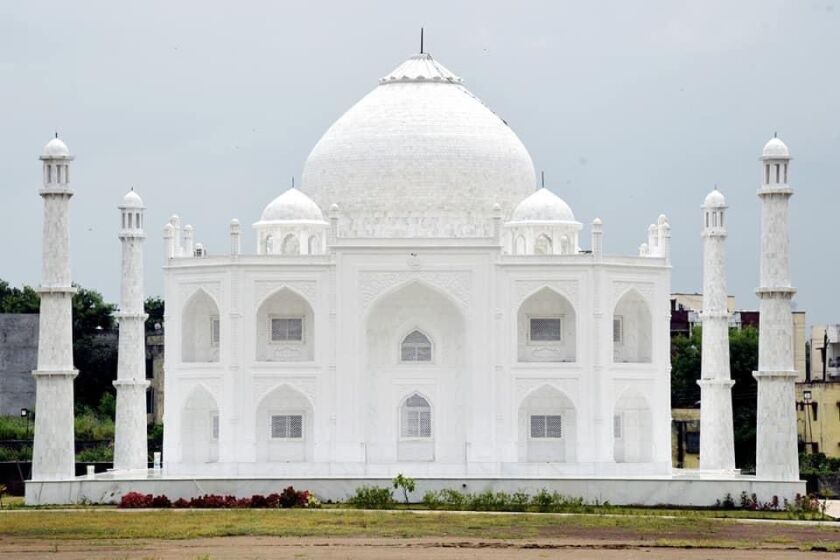 This undated photograph provided by Indian businessman Anand Prakash Chouksey shows a house resembling India’s iconic Taj Mahal monument built by Chouksey as a residence for him and his wife to live in at Burhanpur, Madhya Pradesh, India. Constructed with white marble procured from Makrana, a city in Rajasthan state and the same place that gave the Taj Mahal its marble, the smaller imitation embodies several aspects of the real monument, including the large dome, intricate minarets and even artwork seen on the original. ( Anand Prakash Chouksey via AP)