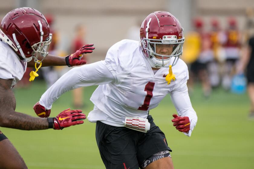 LOS ANGELES, CA - AUG. 5, 2022: USC defensive back Domani Jackson (1) runs a drill at practice during the first day of fall training camp at USC. (Michael Owen Baker / For The Times)