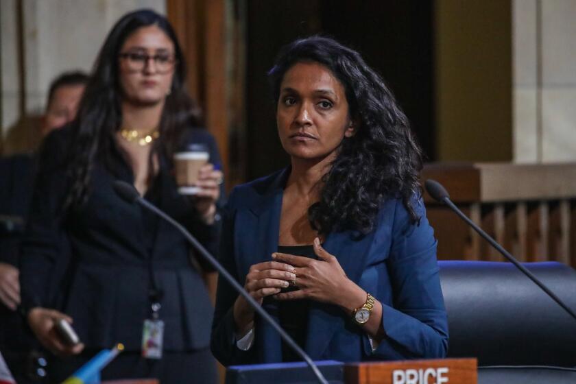 Los Angeles, CA - October 26: Nithya Raman, Councilmember District 4, at Los Angeles City council meeting that voted unanimously to censure Councilmembers Gil Cedillo and Kevin de Leon, as well as former Councilmember Nury Martinez, for racist and incendiary comments made on a leaked recording, on Wednesday, Oct. 26, 2022 in Los Angeles, CA. (Irfan Khan / Los Angeles Times)