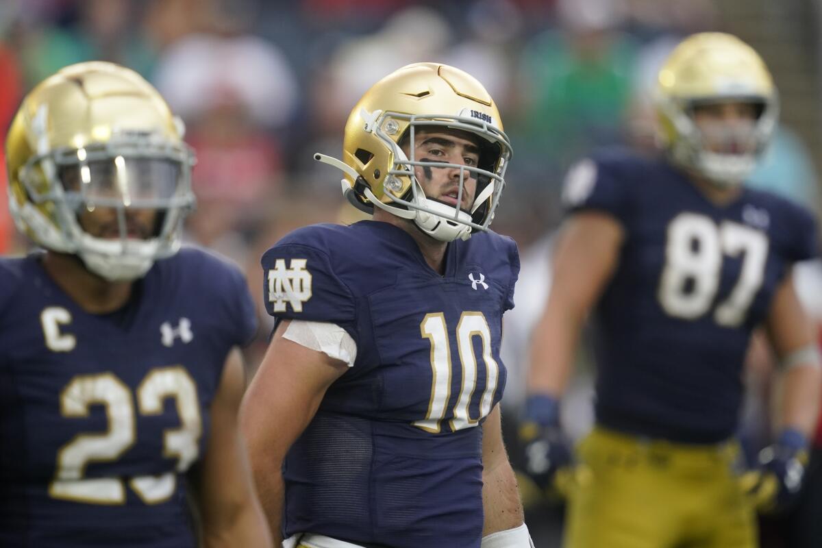 Notre Dame quarterback Drew Pyne looks to the sidelines.