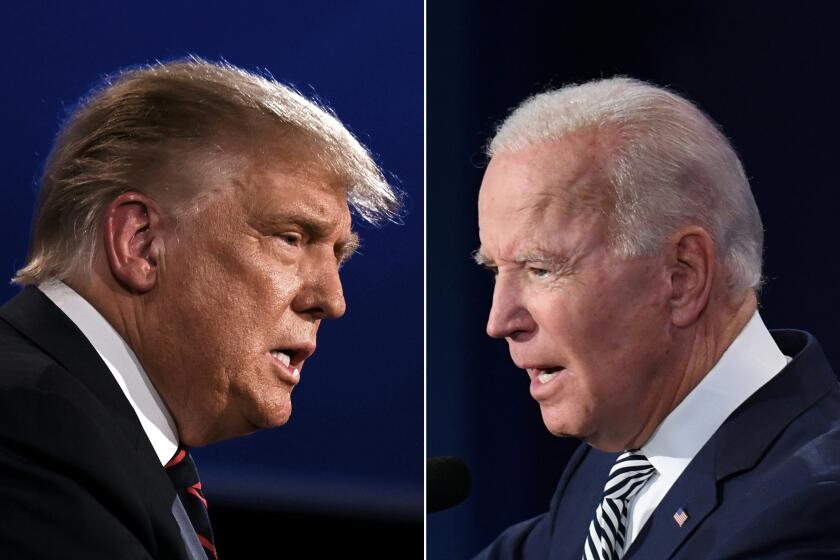 (COMBO) This combination of pictures created on September 29, 2020 shows US President Donald Trump (L) and Democratic Presidential candidate former Vice President Joe Biden squaring off during the first presidential debate at the Case Western Reserve University and Cleveland Clinic in Cleveland, Ohio on September 29, 2020. (Photos by JIM WATSON and SAUL LOEB / AFP) (Photo by JIM WATSON,SAUL LOEB/AFP via Getty Images)