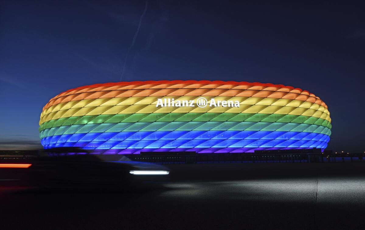 Munich’s stadium is illuminated in rainbow colors on the occasion of Christopher Street Day in Munich, Germany, in 2016
