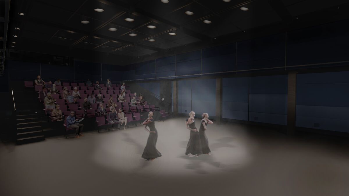 A rendering shows the studio theater planned for the new Joan and Irwin Jacobs Performing Arts Center at Liberty Station.
