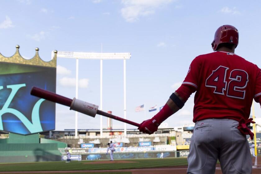 KANSAS CITY, MO - APRIL 15: Yunel Escobar #0 of the Los Angeles Angels of Anaheim warms up before taking his at bat in the first inning against the Kansas City Royals at Kauffman Stadium on April 15, 2017 in Kansas City, Missouri. All players are wearing #42 in honor of Jackie Robinson Day. (Photo by Kyle Rivas/Getty Images) ** OUTS - ELSENT, FPG, CM - OUTS * NM, PH, VA if sourced by CT, LA or MoD **