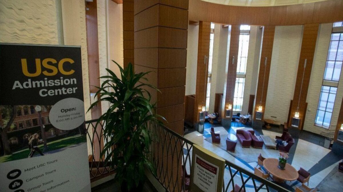 Shown is a view of the entrance to the USC Admission Center in the university's Ronald Tutor Campus Center.