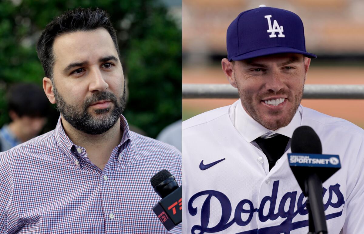 Atlanta Braves general manager Alex Anthopoulos, left, and Dodgers first baseman Freddie Freeman.