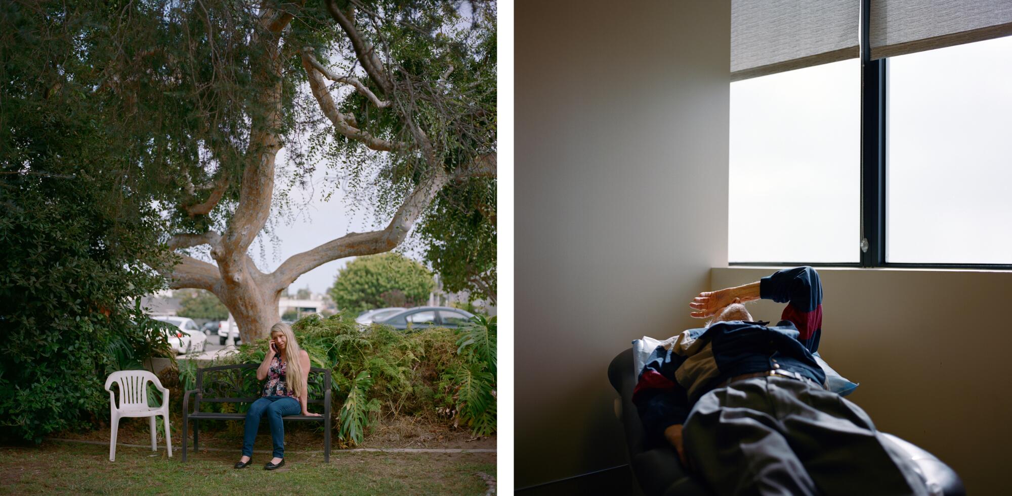 Susan, left, talks on the phone in her frontyard. Andrew lies down at a doctor's appointment, right, at UCLA Health. 