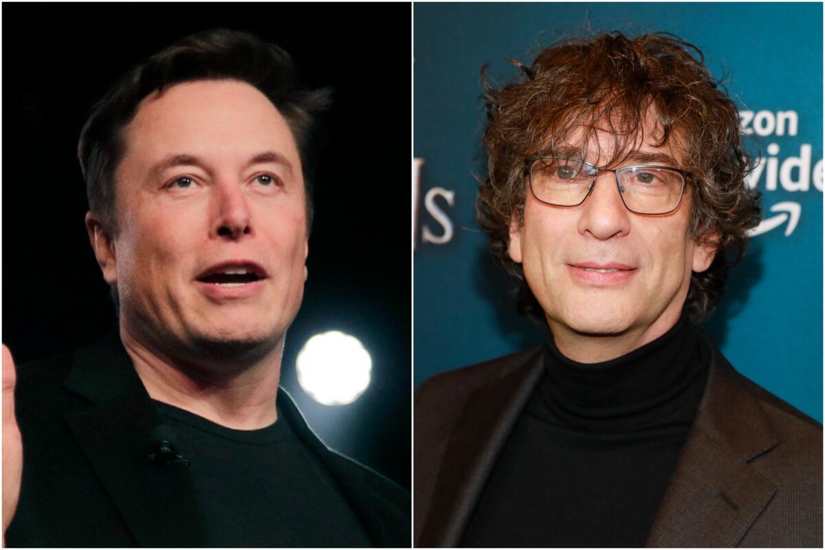 A split image of a man with short brown hair talking and another man with curly brown hair and glasses smiling