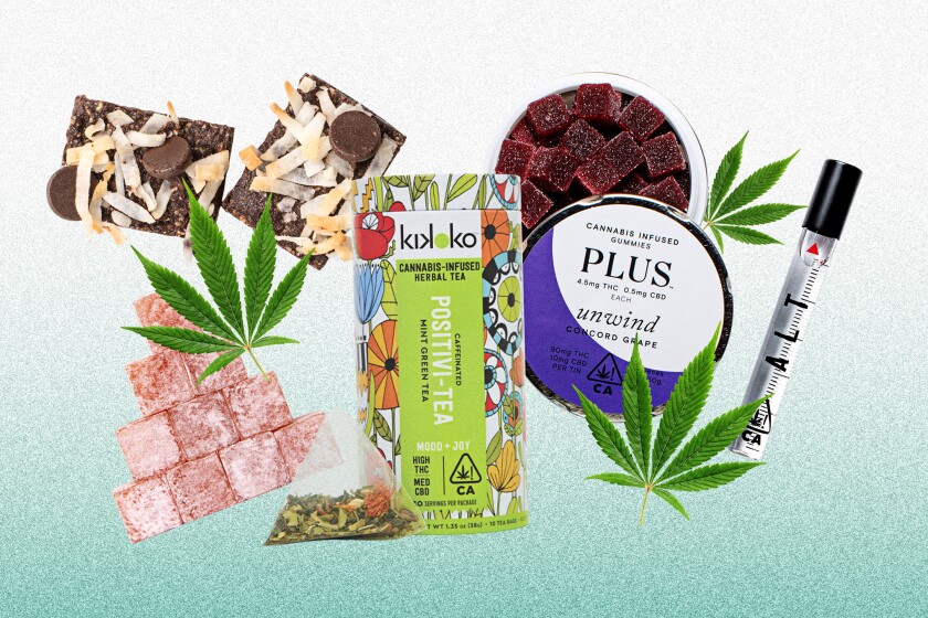An illustration with various cannabis edibles and marijuana leaves