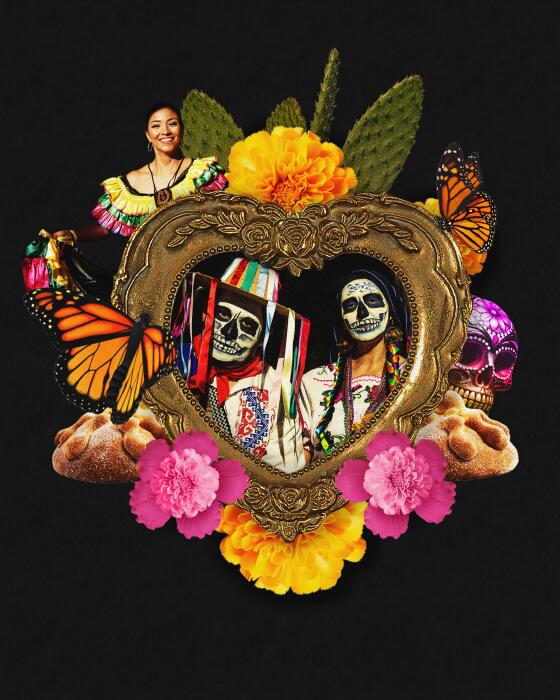 People in Dia De Muerto makeup with flowers and butterflies.