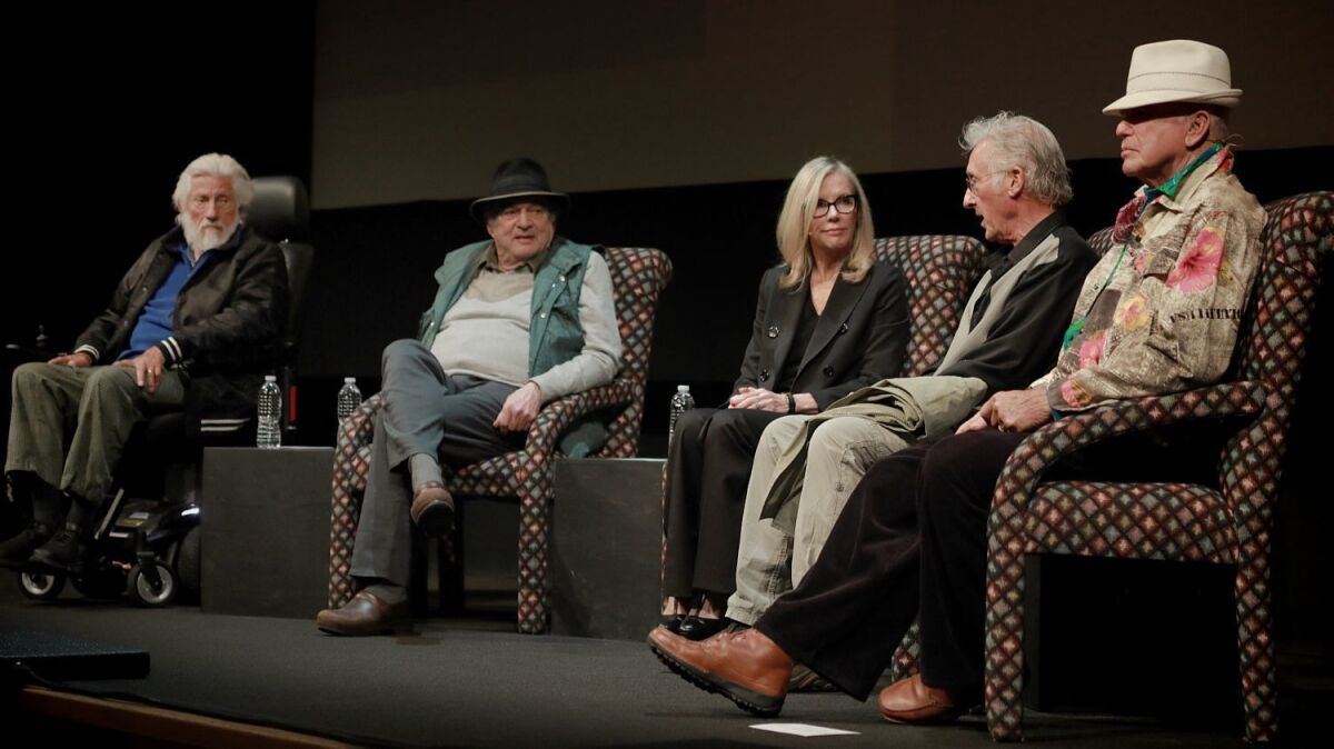 Larry Bell, second from left, with the late Ed Moses, Hunter Drohojowska-Philp, Ed Ruscha and Billy Al Bengston discussngi the L.A. art scene at the Broad Stage in 2017. 