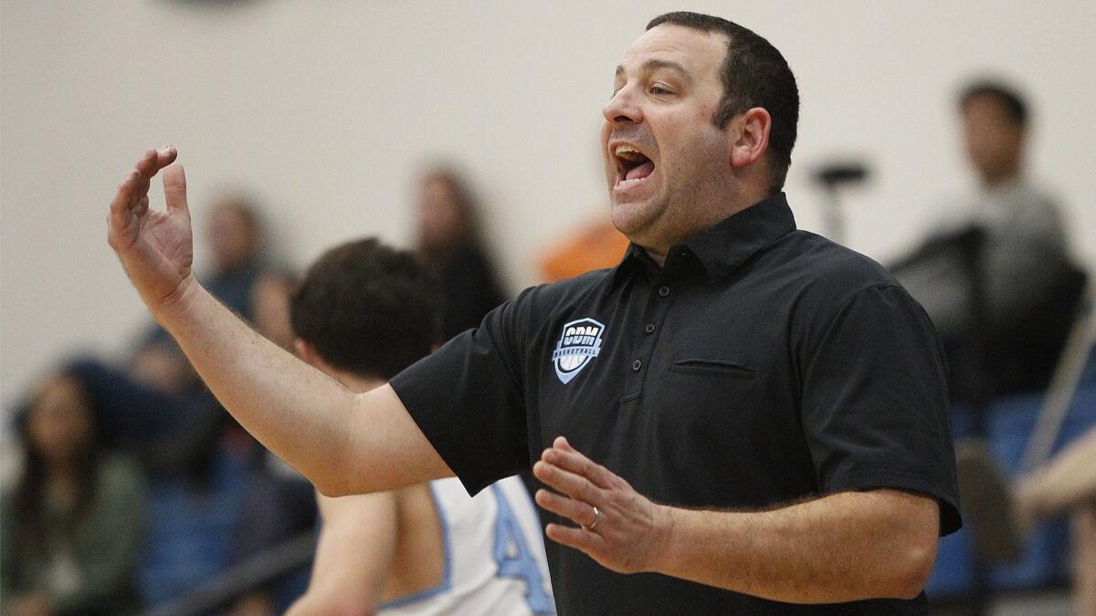 Coach Ryan Schachter, shown here on Jan. 18, 2018, was unable to lead Corona del Mar High past Los Angeles Cathedral in the first round of the CIF Southern Section Division 2AA playoffs on Wednesday.