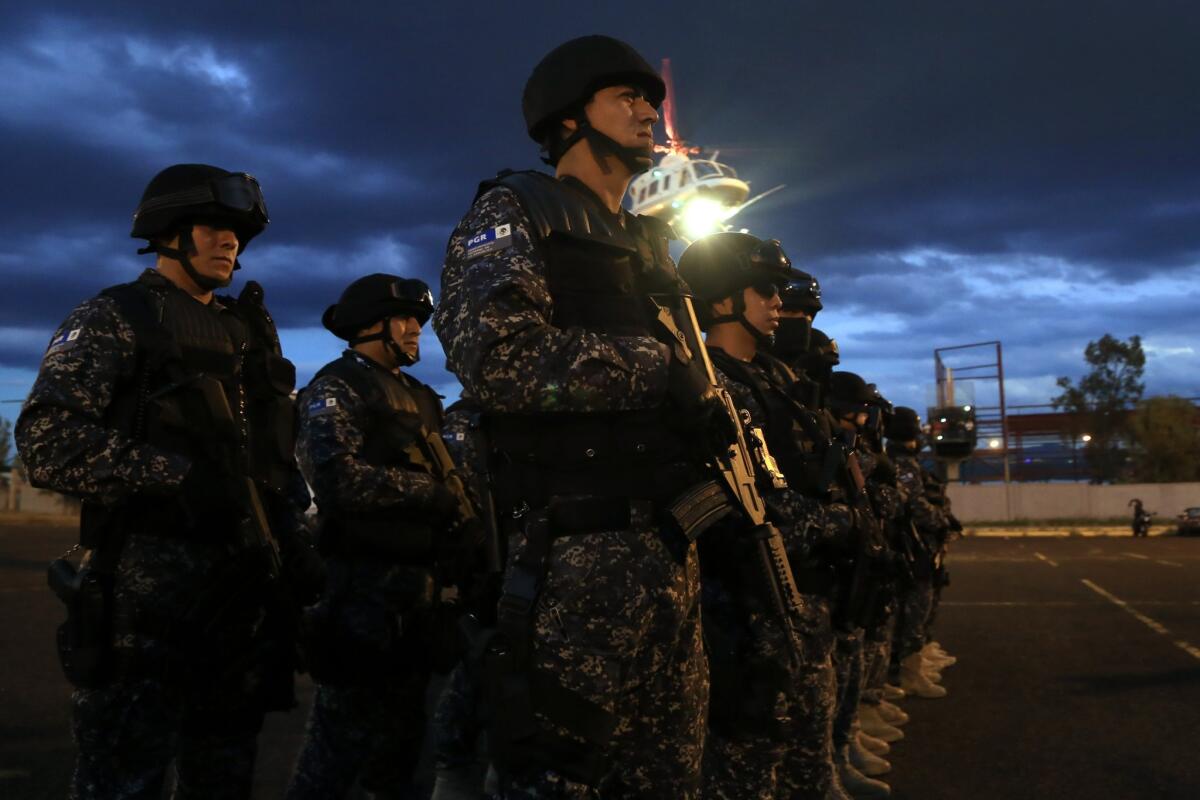 Members of the Federal Police arrive Morelia city, Michoacan state, Mexico.