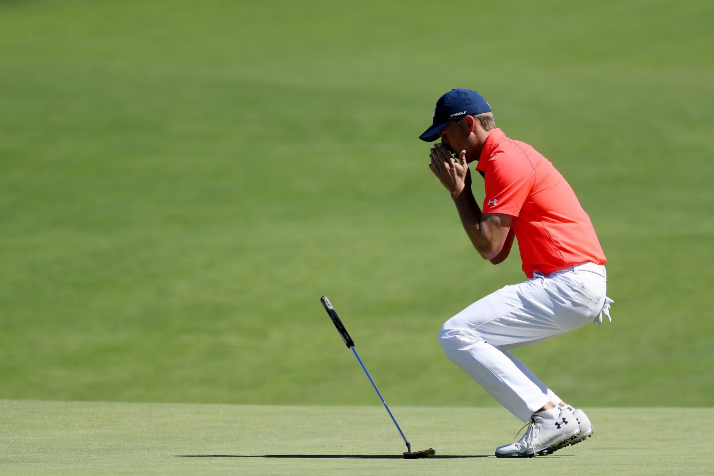 Jordan Spieth reacts to a missed putt on the 16th green during the first round of the 2018 U.S. Open at Shinnecock Hills Golf Club in Southampton, N.Y.