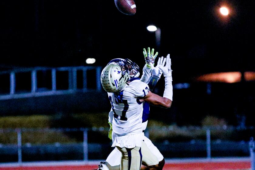 Peyton Waters of Birmingham looks like he's going to make a great catch. He does to make an interception against Venice.