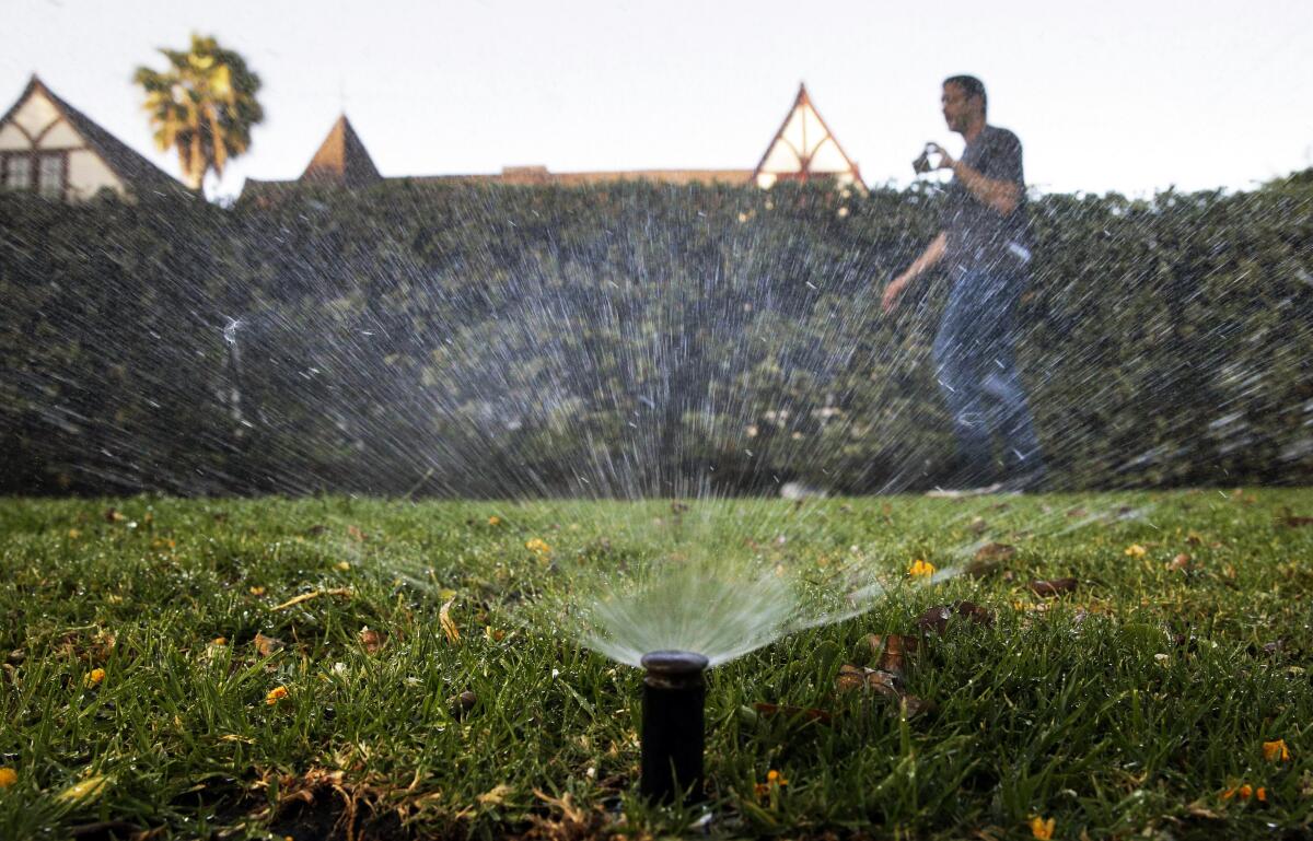 A man walks across a lawn as a sprinkler runs in the foreground.