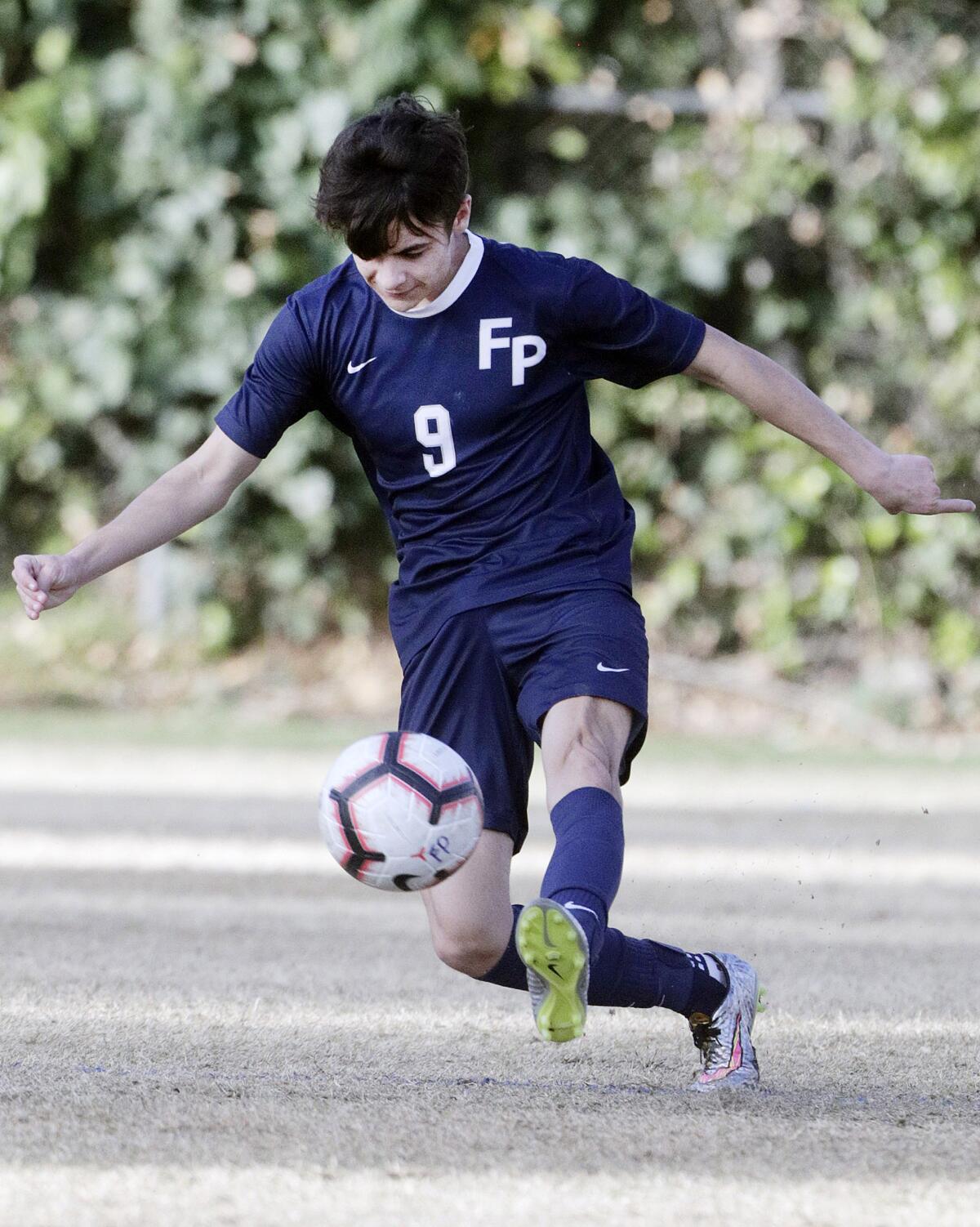 Flintridge Prep's Andrew Odom shoots on the Providence goal in a Prep League boys' soccer game at Flintridge Preparatory School in La Canada Flintridge on Wednesday, January 29, 2020. Providence won the game 1-0 after scoring in the first half.