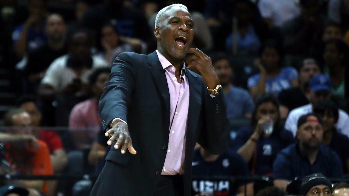 Killer 3s Coach Charles Oakley looks on in the game against Trilogy during week one of the Big3 three-on-three basketball league on Sunday.