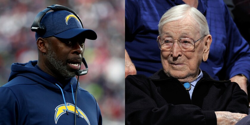 Chargers coach Anthony Lynn and UCLA men's basketball coaching legend John Wooden.