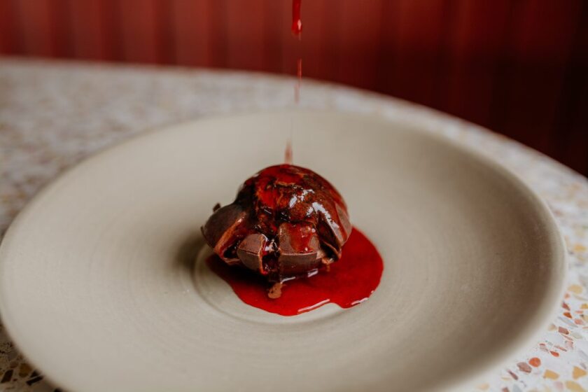 A chocolate and raspberry dessert on Jeune et Jolie's Valentine's Day takeaway menu.
