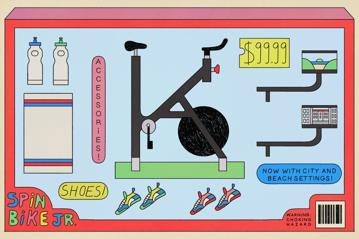 illustration of a Wellness kit ad for a kids Peloton "spin bike Jr." and other accessories