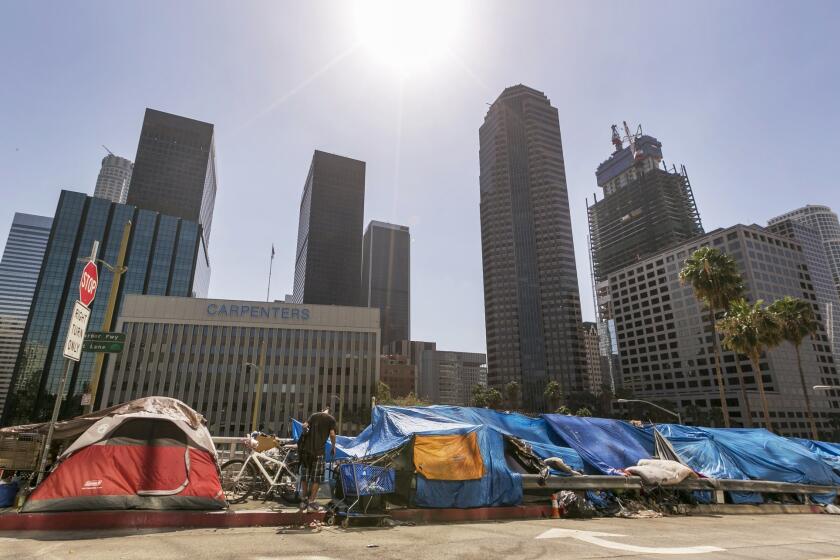State Senate President Pro Tem Kevin de Leon announced a proposal Monday to spend more than $2 billon on permanent housing to deal with the state's homeless population. Above, homeless people's tents in downtown Los Angeles.
