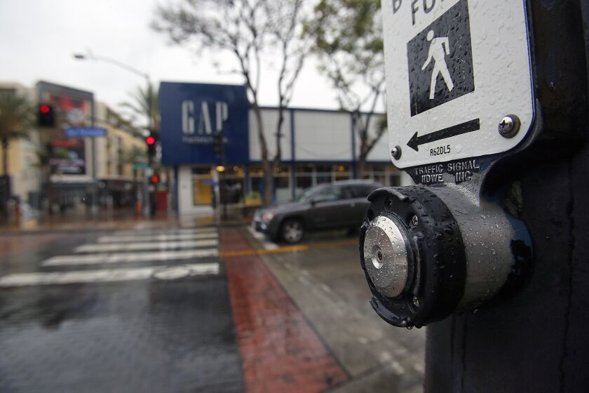 The crosswalk at North San Fernando Boulevard in Burbank on Thursday, April 9, 2020. To better protect people from the spread of COVID-19, the City of Burbank announced it will automate crosswalk signals to cut down on the need to press the button to cross the street.