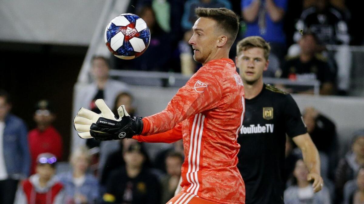 LAFC goalkeeper Tyler Miller makes a save against the Montreal Impact during a 4-2 victory on May 234.