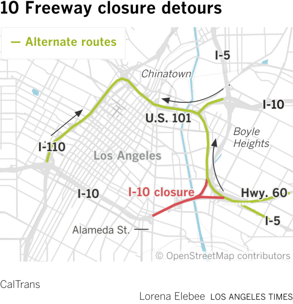 Map showing the I-10 closure freeway and alternative routes in downtown Los Angeles,