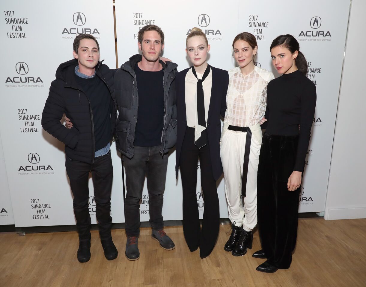 Actors Logan Lerman, Blake Jenner, Elle Fanning, Michelle Monaghan and Margaret Qualley attend the "Sidney Hall" party at the Acura Studio at Sundance Film Festival 2017.