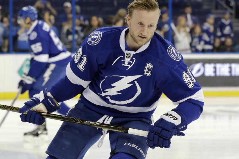 Lightning center Steven Stamkos (91) warms up before a game. Could he be sporting a different blue uniform in the future?