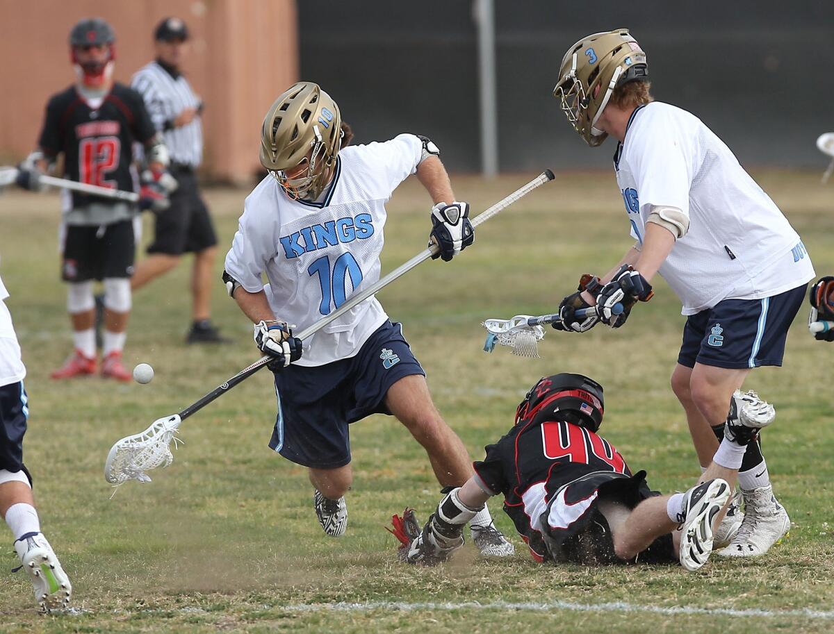 Brett Greenlee (10), pictured playing with Corona del Mar High on May 7, 2015, will face former teammate Hugh Crance, right, in Saturday's Pacific Coast Shootout men's lacrosse game between Denver and Notre Dame at Orange Coast College.