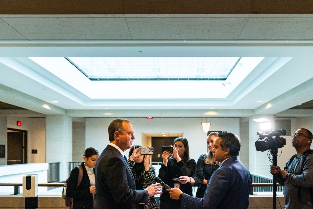 Rep. Adam Schiff is interviewed by reporters in the Capitol