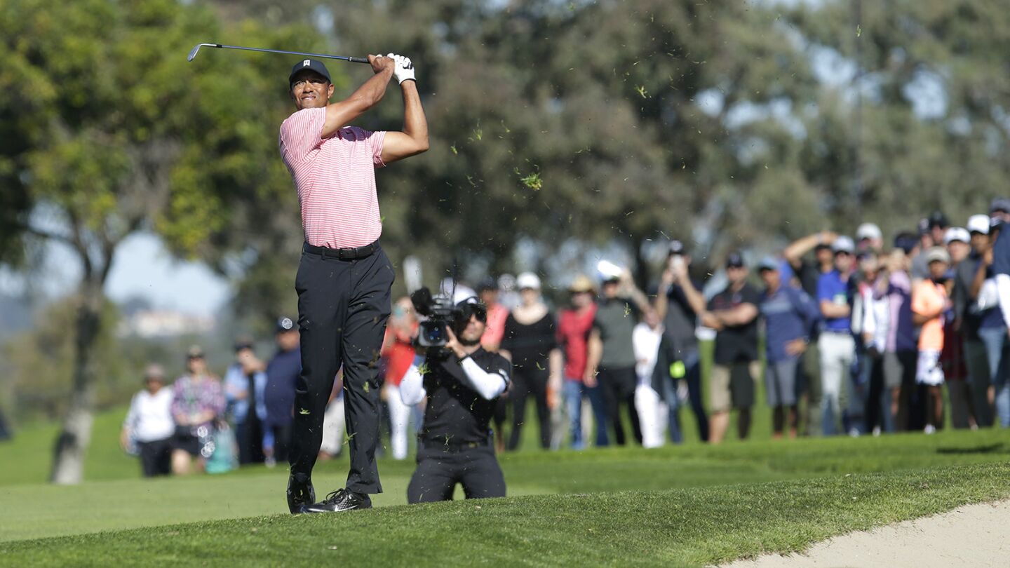 Tiger Woods hits from the rough on the 3rd hole during the fourth round of the Farmers Insurance Open at the Torrey Pines Golf Course on Jan. 27, 2019. (Photo by K.C. Alfred/San Diego Union-Tribune)
