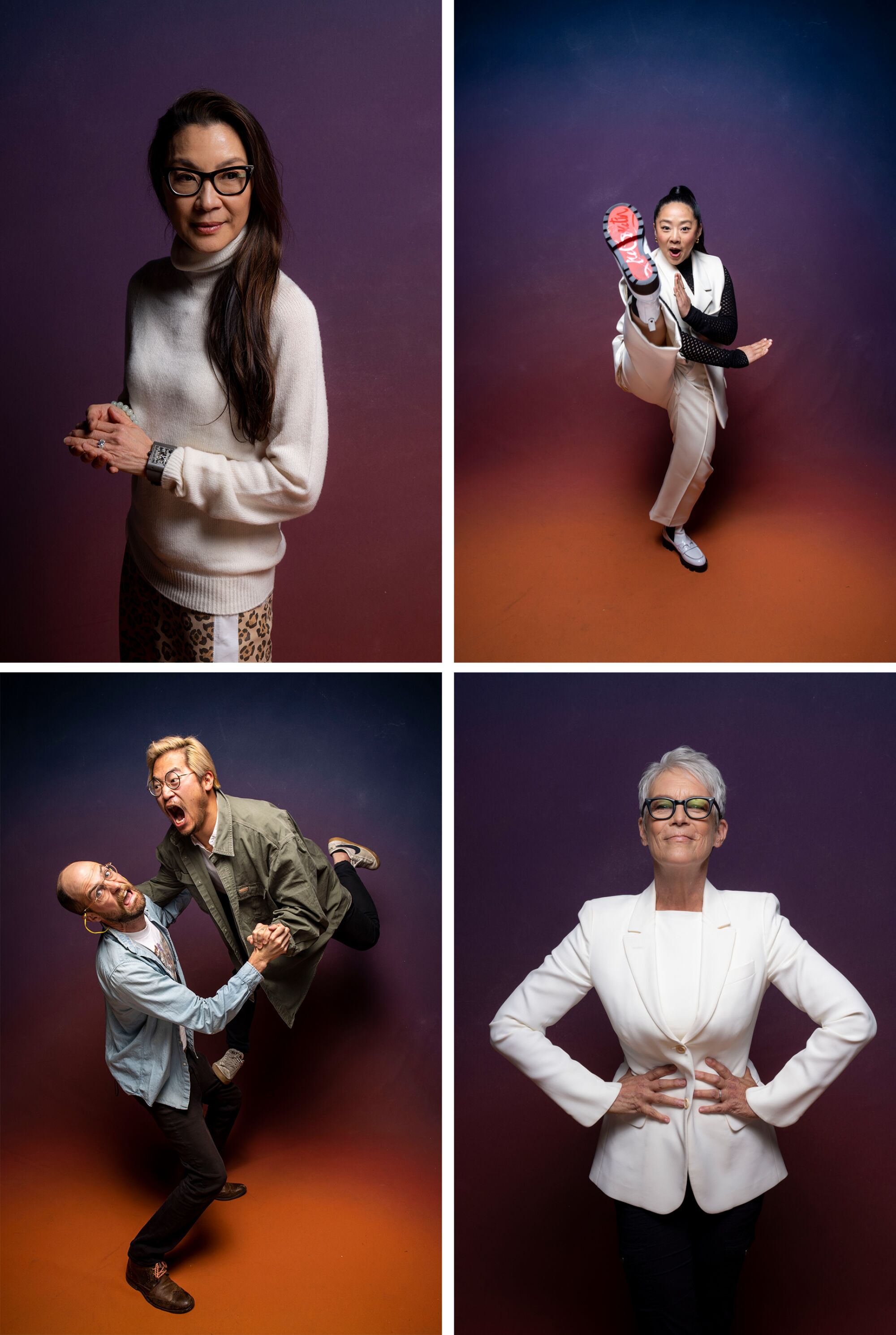 A grouping of four images in a grid show people on a rainbow background.