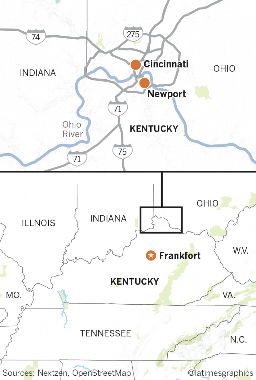Map of Kentucky, showing the the town of Newport, capital city Frankfort, city of Cincinnati, Ohio, and the Ohio River.