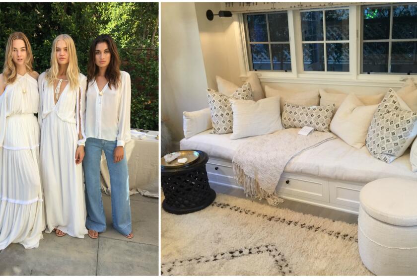 Looks from Erin Fetherston's Spring/Summer 2017 namesake collection, left, and pieces from her collaboration with Fragments Identity, right, on display in her new Hollywood home.