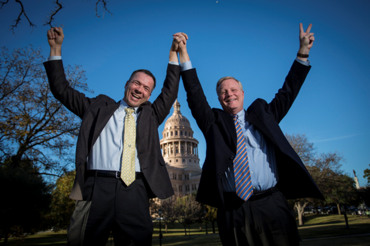 Victor Holmes, left, and his partner of nearly 18 years, Mark Phariss, were two of the plaintiffs in the case challenging the Texas law banning same-sex marriages. Following the ruling, Phariss said, the couple is planning a November wedding.